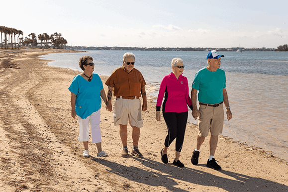 Two couples walking on a beach
