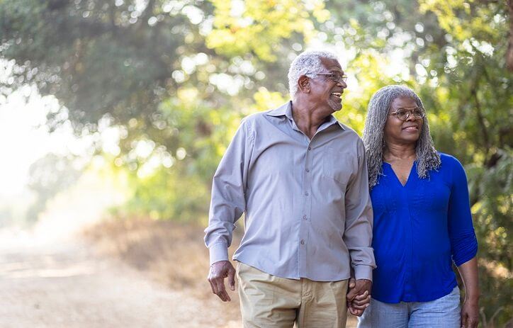 Senior Black Couple Walking On A Nature Trail