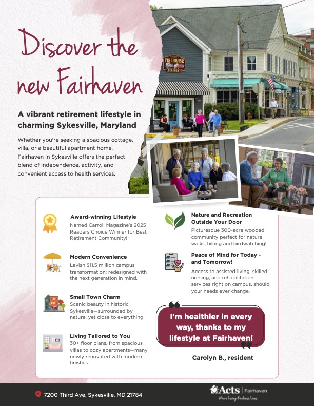 Infographic of reasons to live in Skyesville, MD at the Fairhaven retirement community