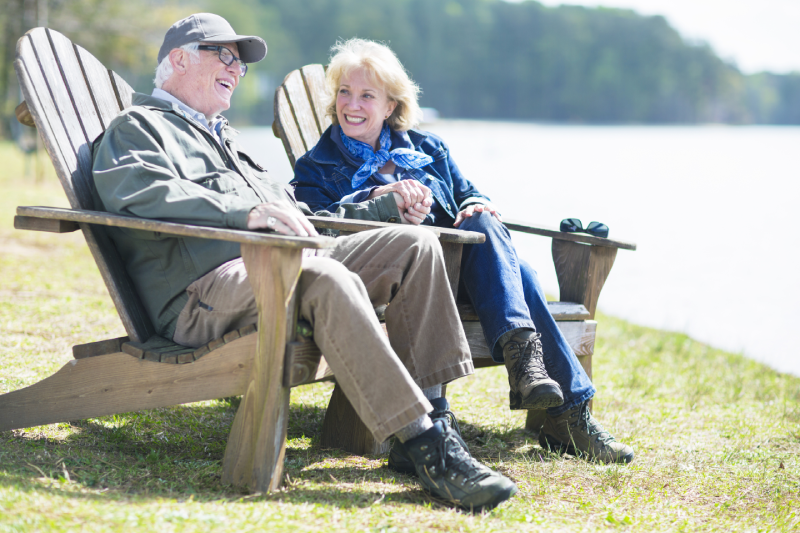 Senior couple sitting by lake
