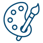 Blue outline of an artist’s palette with five paint wells and a paintbrush resting across the palette on a light background.