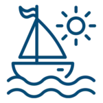 Simple line drawing of a sailboat on water with a sun shining in the sky.