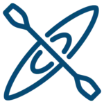 Simple blue line drawing of a kayak seen from above with a double-ended paddle laid diagonally across it, on a light gray background.