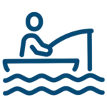 Simple blue line drawing of a person sitting in a boat holding a fishing rod over wavy water.