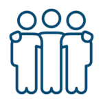 Simple line drawing of three people standing side by side with their arms around each other’s shoulders, symbolizing friendship or teamwork.
