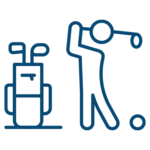 Simple line drawing of a person swinging a golf club next to a golf bag with clubs and a golf ball on the ground—perfectly capturing the active lifestyle enjoyed at Lake Lanier retirement community.