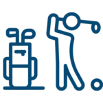Simple blue line drawing of a person swinging a golf club near a golf ball, with a golf bag containing clubs shown nearby—capturing the leisurely lifestyle found in Gainesville senior apartments and carriage homes or within the vibrant Lake Lanier retirement community.