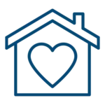 Simple blue outline of a house with a heart shape in the center, set against a light background.