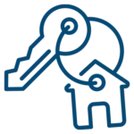 Outline of a key and a house on a keyring, representing real estate, home ownership, or renting.