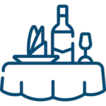 Line drawing of a dining table with a plate, napkins, a wine bottle, and a wine glass on top.