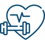 Blue outline of a heart with a pulse line inside, next to a dumbbell, symbolizing health and fitness.