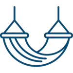Simple blue outline illustration of a hanging hammock suspended by two ropes at each end.