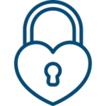 A simple blue outline of a padlock shaped like a heart with a keyhole in the center, on a light gray background.