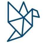 A blue outline of an origami bird composed of geometric shapes on a light gray background.