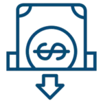 Blue outline icon of a dollar bill with a dollar sign and a downward arrow below it, suggesting a financial transaction or money withdrawal.