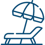 Outline icon of a lounge chair with an umbrella, suggesting relaxation or a beach setting.