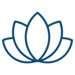 Simple blue line drawing of a lotus flower with five overlapping petals on a light gray background.