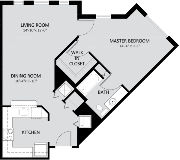 Floor plan of a one-bedroom apartment with a kitchen, dining room, living room, master bedroom, walk-in closet, and bathroom. Dimensions are labeled for each room.