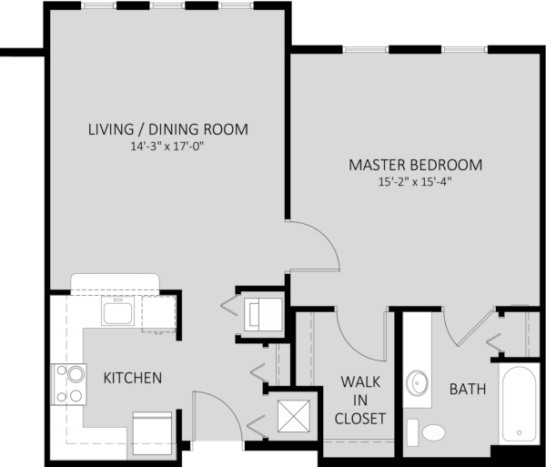 Black and white floor plan showing a kitchen, living/dining room, master bedroom, walk-in closet, and bathroom with labeled dimensions.