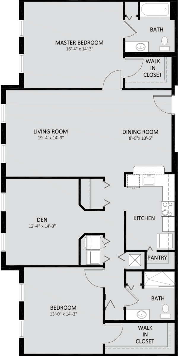 Black and white floor plan of a two-bedroom apartment with two bathrooms, a den, kitchen, pantry, dining room, living room, and two walk-in closets.