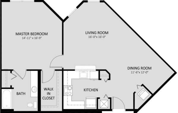 Floor plan showing a master bedroom, walk-in closet, bathroom, kitchen, living room, and dining room in a single-story apartment layout. Room dimensions are labeled.