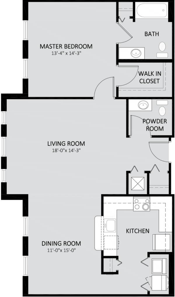 Black and white floor plan showing a master bedroom, bath, walk-in closet, powder room, living room, dining room, and kitchen with labeled dimensions.
