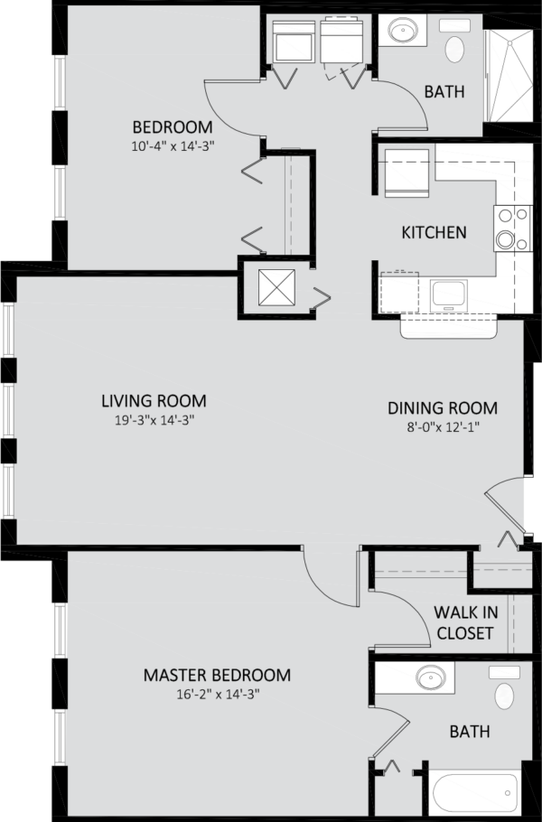 Black and white floor plan of an apartment with two bedrooms, two baths, a kitchen, dining room, living room, and a walk-in closet adjacent to the master bedroom.
