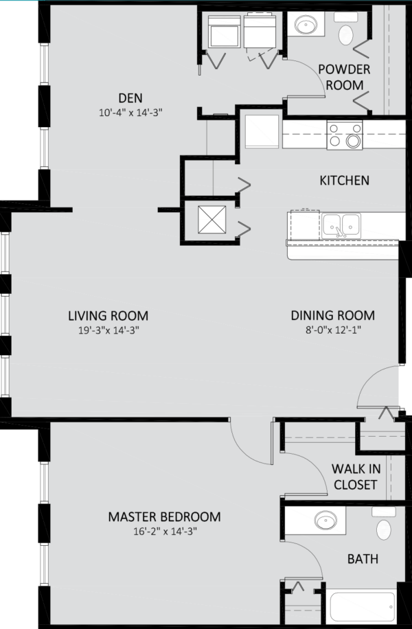 Black and white floor plan of a one-bedroom apartment with den, living and dining rooms, kitchen, powder room, bathroom, walk-in closet, and labeled dimensions for each space.