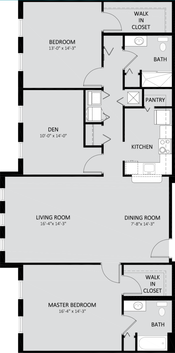 Black and white floor plan of an apartment with two bedrooms, a den, two bathrooms, a kitchen with pantry, dining room, living room, and two walk-in closets.