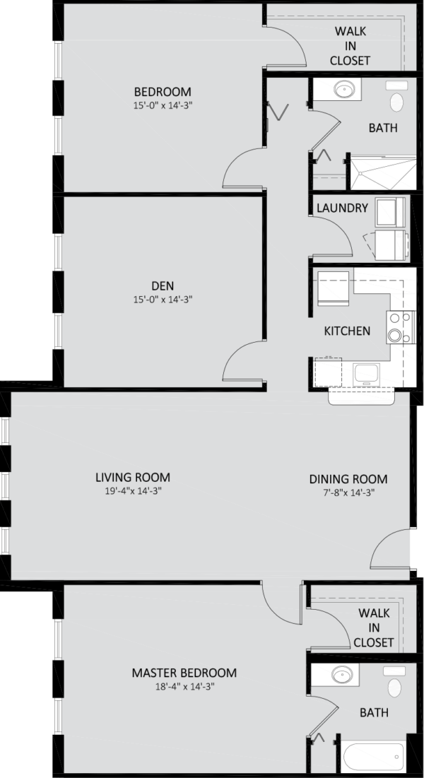 Black and white floor plan of a two-bedroom apartment with a den, living room, dining room, kitchen, two bathrooms, laundry area, and two walk-in closets.
