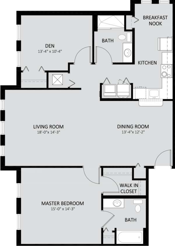 Black and white floor plan showing a master bedroom with walk-in closet and bath, living room, dining room, den, kitchen with breakfast nook, and a second bathroom.