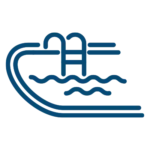 Icon of a swimming pool with a ladder and water waves, depicted in blue lines on a light background.