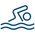 Icon of a person swimming, depicted with simple blue lines showing a swimmer’s arm extended over stylized waves.