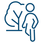 Blue line drawing of a person standing near a tree, shown in a simple, minimalist style on a light background.