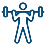 Simple line drawing of a person lifting a barbell overhead, symbolizing weightlifting or strength training.