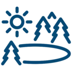 Blue line drawing of the sun, three pine trees, and a curved shape suggesting a lake or body of water, on a light background.