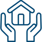 Blue line drawing of two hands holding up a house, symbolizing protection or care for a home.