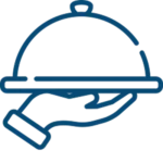 Outline of a hand holding a serving tray with a domed cover, depicted in a simple blue line drawing on a light background.