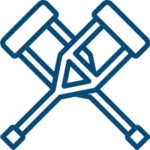 Simple blue line drawing of two crutches crossed over each other on a light background.