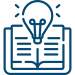 A blue outline of an open book with a light bulb above it, symbolizing ideas or learning.