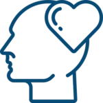 Line drawing of a human head in profile with a heart shape inside the brain area, symbolizing emotional intelligence or empathy.
