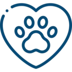 Blue outline of a paw print inside a heart shape on a light background.