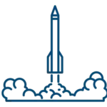Simple line drawing of a rocket launching upwards, with clouds of smoke at the base indicating liftoff.