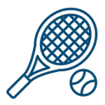 Simple blue line drawing of a tennis racket and a tennis ball on a light gray background.