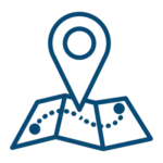 Blue icon of a folded map with a location pin and a dotted line connecting two points on the map.