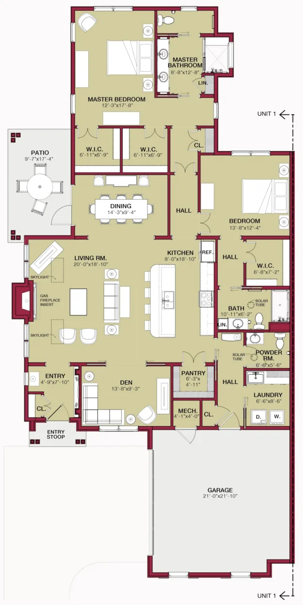 Floor plan of a single-story home showing two bedrooms, two and a half bathrooms, kitchen, living and dining areas, patio, den, laundry room, pantry, and a two-car garage.