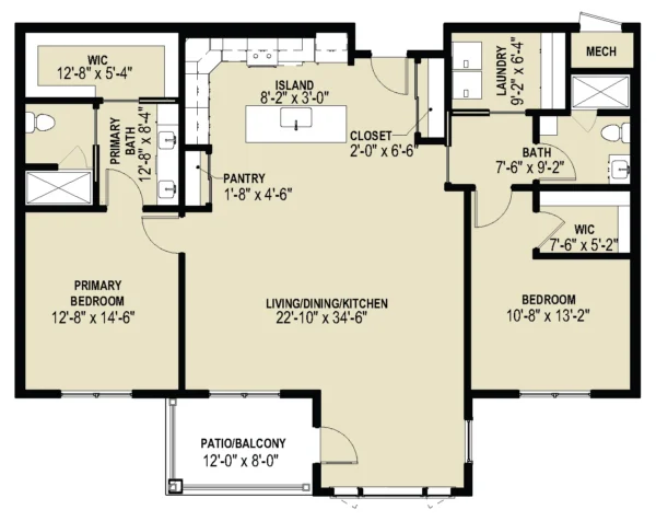 Floor plan of a 2-bedroom, 2-bath apartment with an open living/dining/kitchen area, pantry, laundry, walk-in closets, and a patio/balcony.