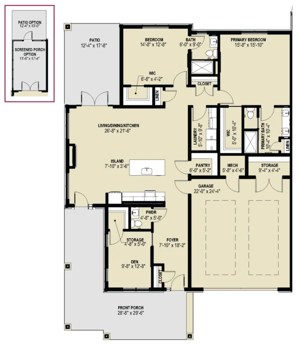 Floor plan of a single-story house showing three bedrooms, two and a half bathrooms, a two-car garage, kitchen with island, pantry, storage, screened porch, front porch, and patio.