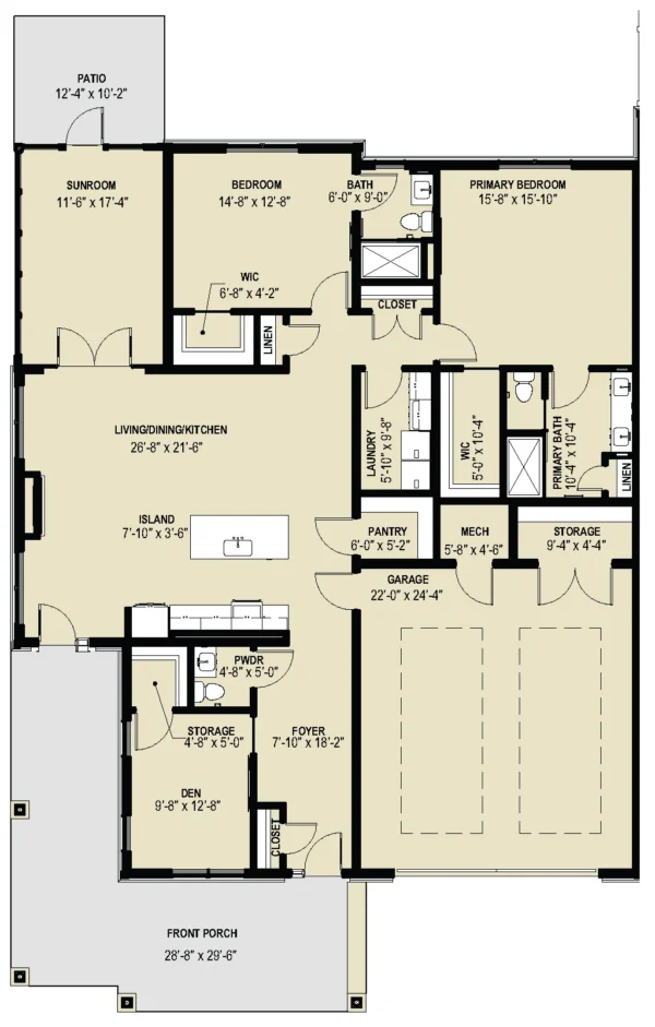 Floor plan of a single-story house showing three bedrooms, two bathrooms, laundry, kitchen with island, den, pantry, two-car garage, sunroom, patio, and front porch.