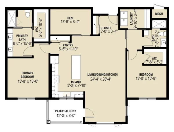 Floor plan of a three-bedroom apartment with two bathrooms, den, laundry, pantry, patio/balcony, and an open living/dining/kitchen area surrounding an island.